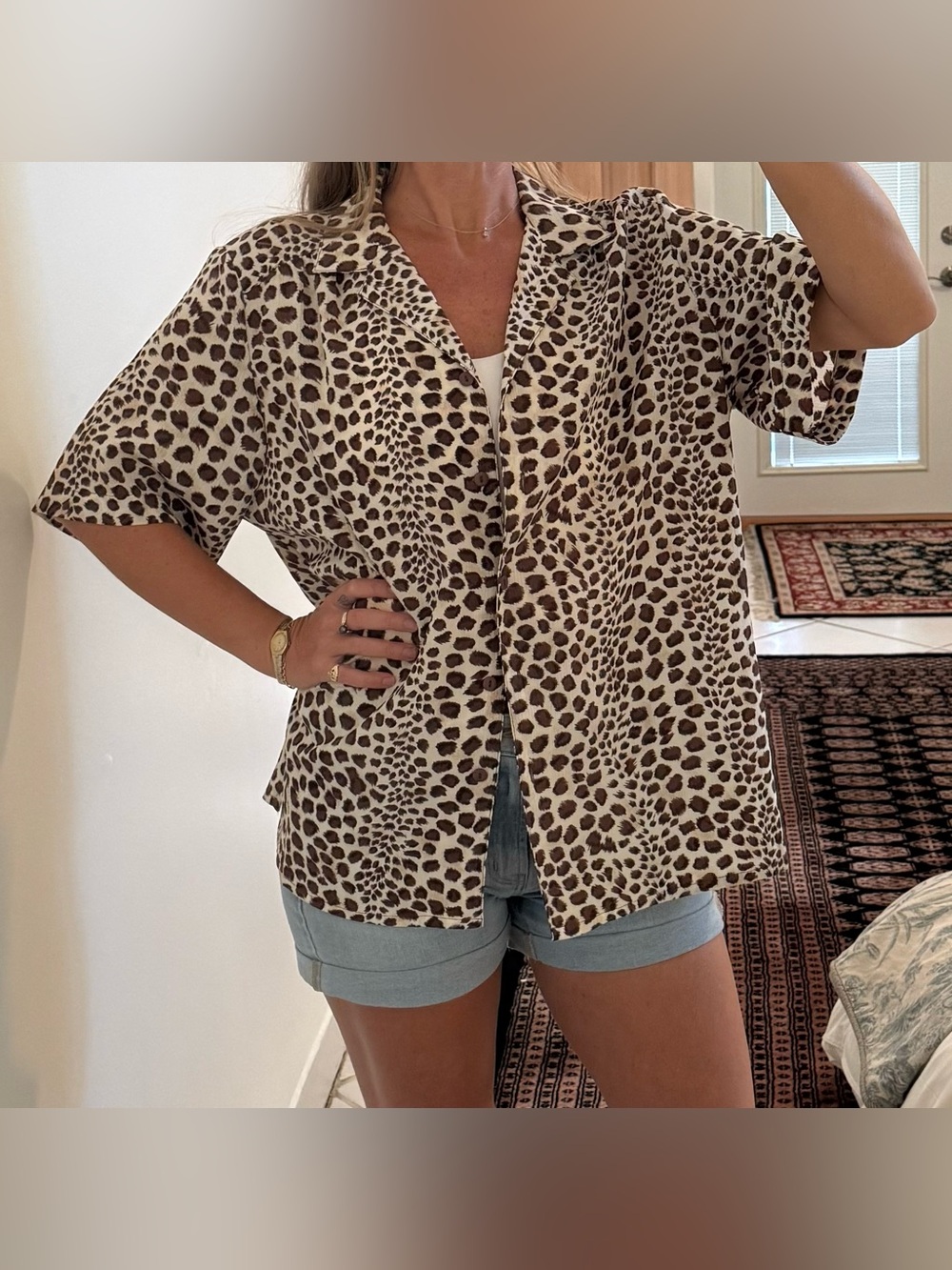 Alia Leopard Print Short Sleeve Button-Down Top - Cream & Brown